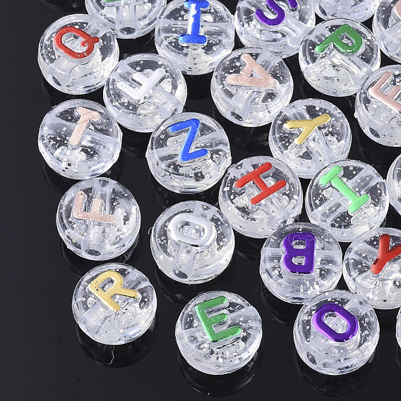 Plating Transparent Acrylic Beads, with Glitter Powder, Metal Enlaced, Horizontal Hole, Flat Round with Letter
