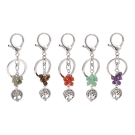Natural Mixed Gemstone Keychain, with Alloy Split Key Rings, Keychain Clasp and Flat Round with Tree Beads