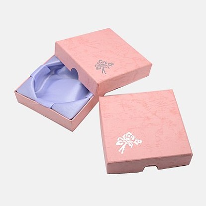 Boîtes de carton bracelet, avec une éponge à l'intérieur, motif de fleurs roses, carrée, 90x90x22~23mm