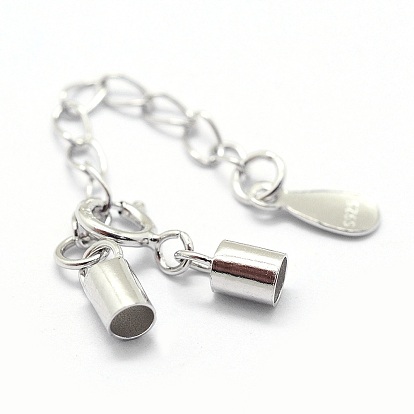 925 Sterling Silver Cord Ends, with Extender Chains, Teardrop Charms and Spring Ring Clasps