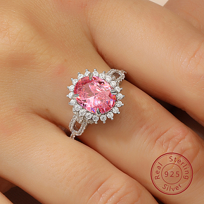 Овальное регулируемое кольцо из стерлингового серебра с родиевым покрытием, с розовым цирконием, с печатью 925