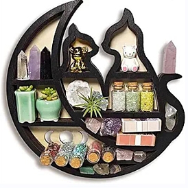Wooden Shelf for Crystals, Witchcraft Floating Wall Shelf, Moon with Cat