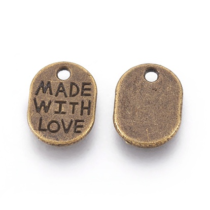 Tibetan Style Alloy Pendants, Lead Free & Cadmium Free, Oval with Word"Made with Love", 11x8x2mm, Hole: 2mm