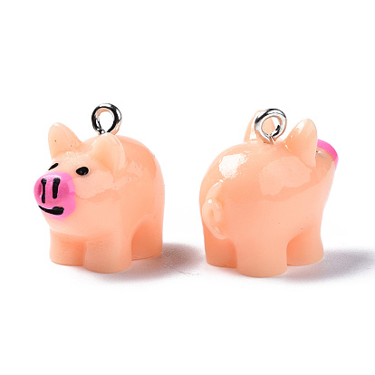 Opaque Resin Pendants, with Platinum Tone Iron Loop, 3D Pig