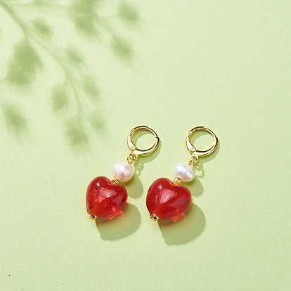 Red Glass Heart with Natural Pearl Dangle Leverback Earrings, Brass Long Drop Earrings for Women