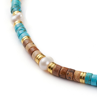 Natural Picture Jasper & Turquoise Beaded Necklaces, with Electroplated Non-magnetic Synthetic Hematite Beads, Natural Pearl Beads and 304 Stainless Steel Lobster Claw Clasps