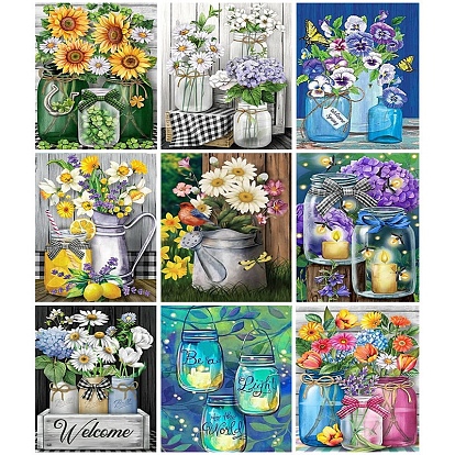 DIY Scenery Theme Diamond Painting Kits, Including Canvas, Resin Rhinestones, Diamond Sticky Pen, Tray Plate and Glue Clay, Flower/Sunflower/Bottle Pattern