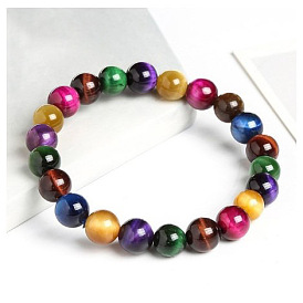 Natural Multi-Color Tiger Eye Bracelet for Couples - Handmade Elastic Beaded Stone Jewelry