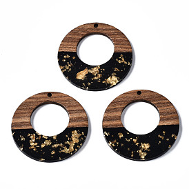 Resin & Walnut Wood Pendants, with Gold Foil, Two Tone, Donut