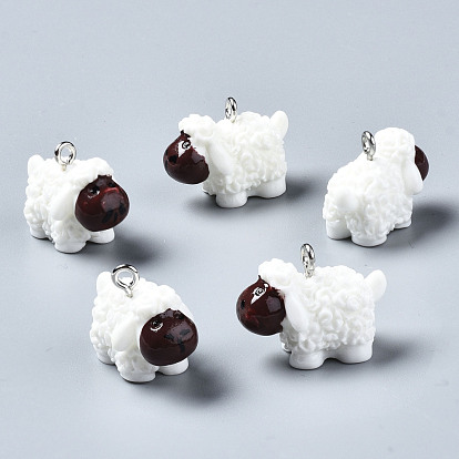 Opaque Resin Pendants, with Platinum Tone Iron Loop, 3D Sheep