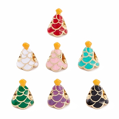 Brass Enamel European Beads, Large Hole Beads, Real 18K Gold Plated, Long-Lasting Plated, Christmas Tree