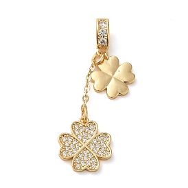 Brass Micro Pave Clear Cubic Zirconia European Dangle Charms, Large Hole Heart Clover Pendants