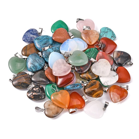 Pendentifs coeur de pierre gemme, avec les accessoires en laiton de tonalité de platine, 20~22x20~21x5~8mm, Trou: 2x7mm