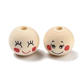 Printed Wood European Beads, Wooden Large Hole Round Beads with Smiling Face Print, Undyed