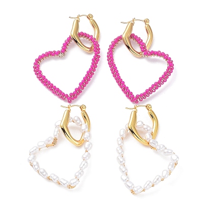 Placage sous vide 304 boucles d'oreilles pendantes en forme de cœur en acier inoxydable, boucles d'oreilles en perles de verre et de perles en plastique