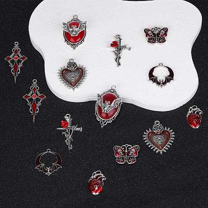 Kit de búsqueda de fabricación de joyas de bricolaje, incluyendo 14 piezas 7 estilo colgante de esmalte de aleación y cabujones para diamantes de imitación, cruz y corazón y calavera y corazón de murciélago
