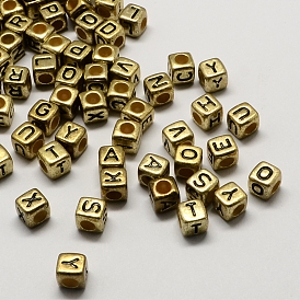 Antique Golden Plated Large Hole Acrylic Letter European Beads, Horizontal Hole, Cube with Letter, 6x6x6mm, Hole: 4mm, about 2950pcs/500g