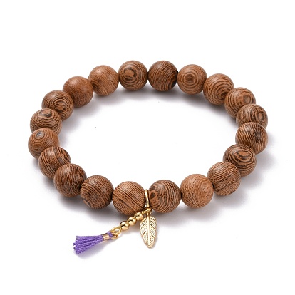 Feather & Tassel Charm Bracelets Set, Natural Wood & Mixed Stone Round Beads Bracelets for Girl Women, Golden