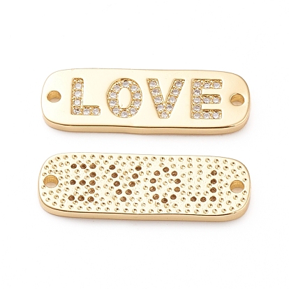Brass Micro Pave Cubic Zirconia Links, Long-Lasting Plated, Rectangle with Words Love, for Valentine's Day, Clear