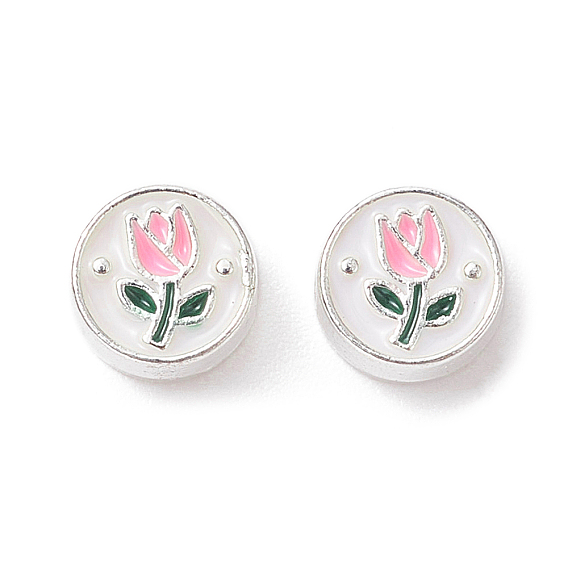 Perlas de esmalte de la aleación, plata, redondo plano con patrón de tulipán