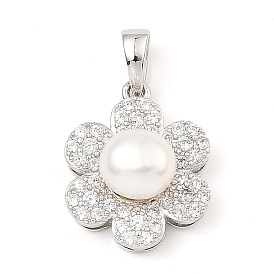 Rhodium Plated 925 Sterling Silver Pendants, with Cubic Zirconia and Natural Pearl Beads, Flower Charms, with S925 Stamp