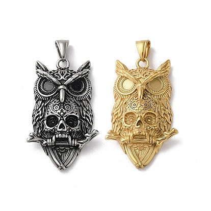 Vacuum Plating 304 Stainless Steel Big Pendants, Owl with Skull Charms