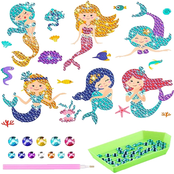 DIY Mermaid Diamond Painting Sticker Kits, including Self Adhesive Sticker and Resin Rhinestones