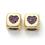 Brass Micro Pave Medium Violet Red Cubic Zirconia Beads, Cube with Heart