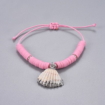 Eco-Friendly Korean Waxed Polyester Cord Braided Bracelets, with Polymer Clay Heishi Beads, Shell and Brass Findings