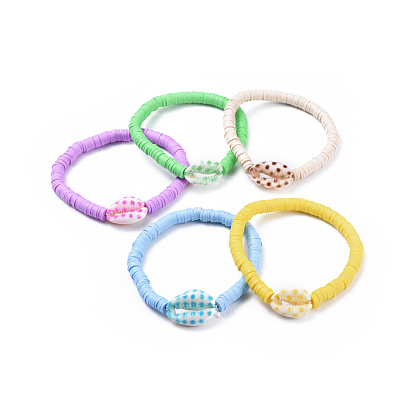 Bracelets élastiques, avec de la peinture en aérosol de cauris et des perles de heishi en pâte polymère faites main