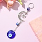 Flat Round with Evil Eye Handmade Lampwork Pendant Decorations, with Alloy Moon & Star Hanging Ornaments