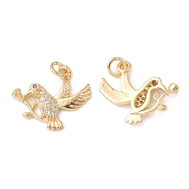 Rack Plating Brass Micro Pave Cubic Zirconia Charms, Bird with Rose Charm, Cadmium Free & Lead Free, Long-Lasting Plated, with Jump Ring