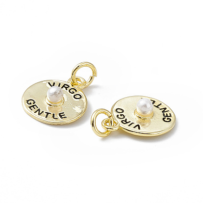 Rack Plating Brass Enamel Pendants, with Plastic Imitation Pearl, Long-Lasting Plated, Lead Free & Cadmium Free, Flat Round with Word VIRGO GENTLE Charm