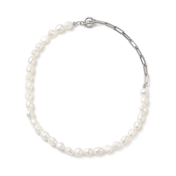 Collar de cuentas de perlas barrocas naturales con 304 cadenas de clip de acero inoxidable para mujer