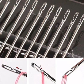 30Pcs Galvanized Iron Self Threading Hand Sewing Needles, Easy Thread Big Eye Needle for Older Blind
