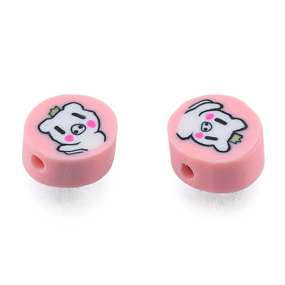 Handmade Polymer Clay Beads, Flat Round with Pig