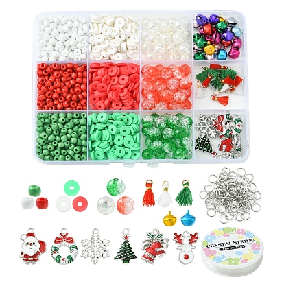 DIY Christams Bracelet Making Kit, Including Glass Round & Polymer Clay Disc Beads, Wreath & Sock Alloy Enamel & Aluminum Bell & Polycotton Tassel Pendant