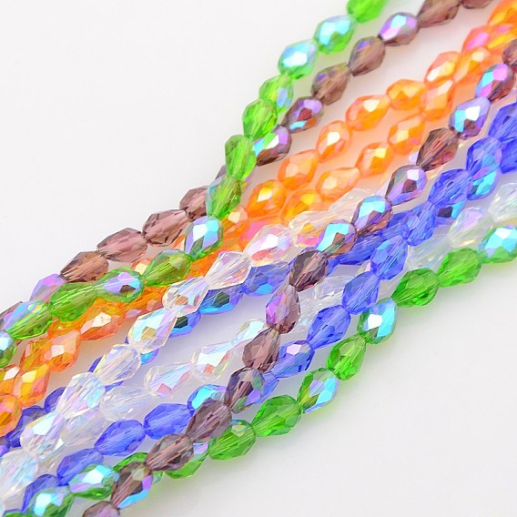 Electroplate Glass Beads Strands, AB Color Plated, Faceted Teardrop, 6x8mm, Hole: 1.5mm, about 65~66pcs/strand