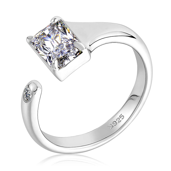 925 anillo de puño abierto rectangular de plata esterlina, anillo de circonita cúbica transparente para mujer
