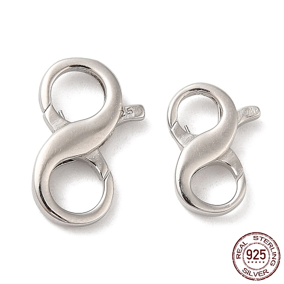 Rhodium Plated 925 Sterling Silver Double Opening Lobster Claw Clasps, Infinity Shape, with 925 Stamp