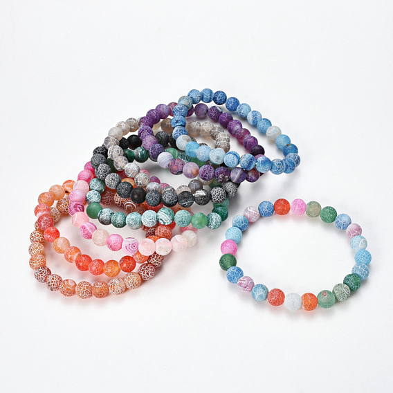 Bracelets extensibles en perles d'agate vieillie, givré, teint, ronde