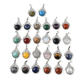Natural & Synthetic Mixed Gemstone Pendants, with Rack Plating Brass Findings, Cadmium Free & Lead Free, Flat Round & Flower