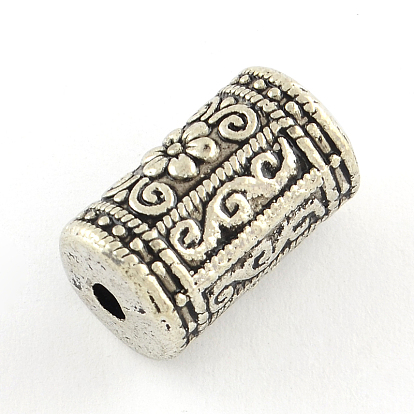 Column with Flower Pattern Alloy Beads, Cadmium Free & Lead Free, Tibetan Style, 17x10mm, Hole: 2.5mm, about 140pcs/1000g