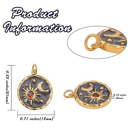 5 pendentifs en laiton micro pavé de zircone cubique, avec émail et anneaux de saut, Plat rond avec lune et étoile