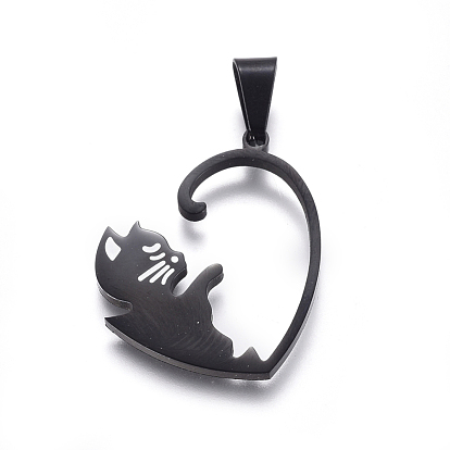 304 Stainless Steel Split Kitten Pendants, with Enamel, Heart with Cat Shape