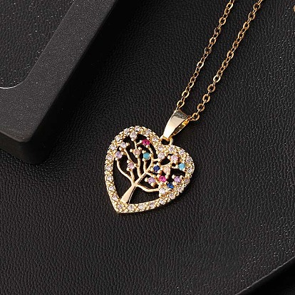 Colorful CZ Heart-shaped Tree of Life Pendant Necklace for Women