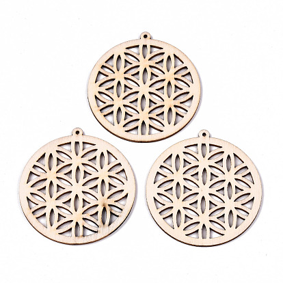 Undyed Natural Hollow Wooden Big Pendants, Laser Cut Shapes, Flat Round with Flower
