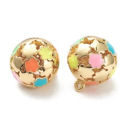 Brass Enamel Pendants, Real 18K Gold Plated, Long-Lasting Plated, Round with Flower