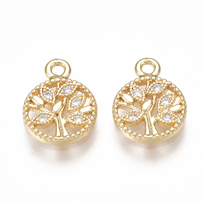 Brass Cubic Zirconia Charms, Flat Round with Tree, Clear, Nickel Free