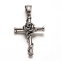 304 Stainless Steel Gothic Pendants, Cross with Flower, 40.5x25.5x8mm, Hole: 9x5mm
